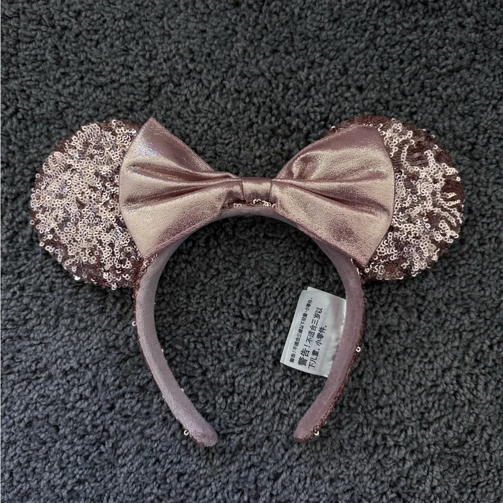 Disney Rose GoldSequin Minnie Mouse Ears Headband with Bow - Picture 1 of 2